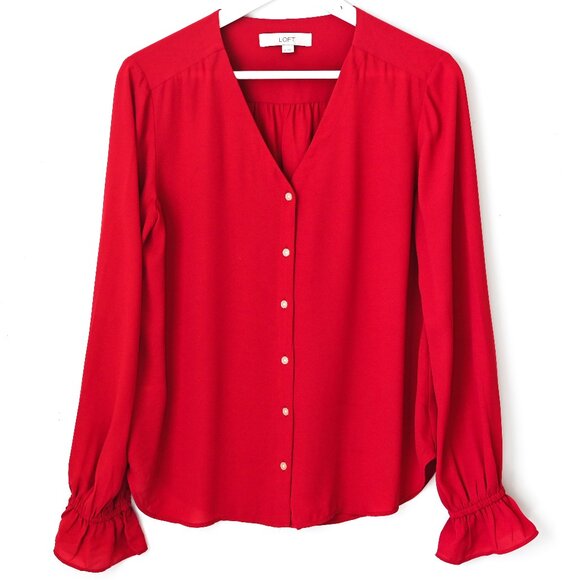LOFT Red Long Sleeve V Neck Blouse - Size Small - Picture 1 of 8